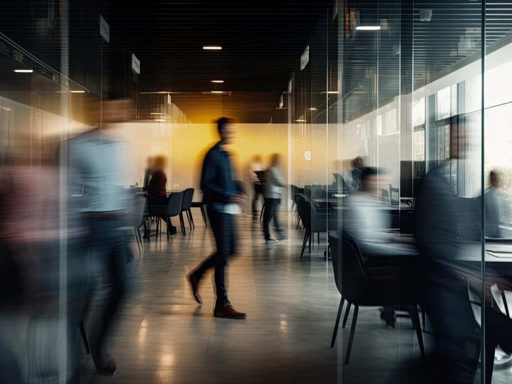 A blurry photo of an interior office space with motion that moves from left-to-right. At the center of the frame is a man walking across the hallway. Rooms to the left and right have glass walls and people seated at conference room tables.