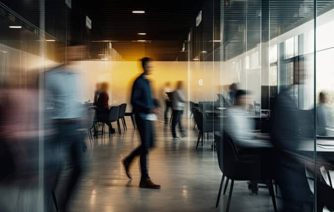 A blurry photo of an interior office space with motion that moves from left-to-right. At the center of the frame is a man walking across the hallway. Rooms to the left and right have glass walls and people seated at conference room tables.