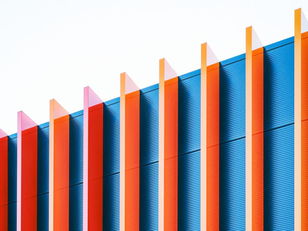 Blue building with orange pillars