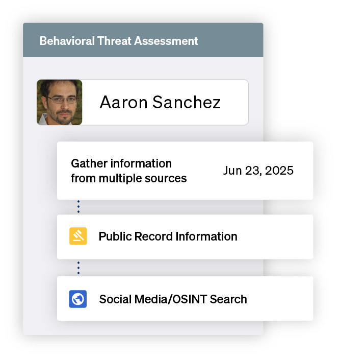 Illustration of Ontic’s behavioral threat assessment workflow, highlighting subject evaluation and risk factor tracking