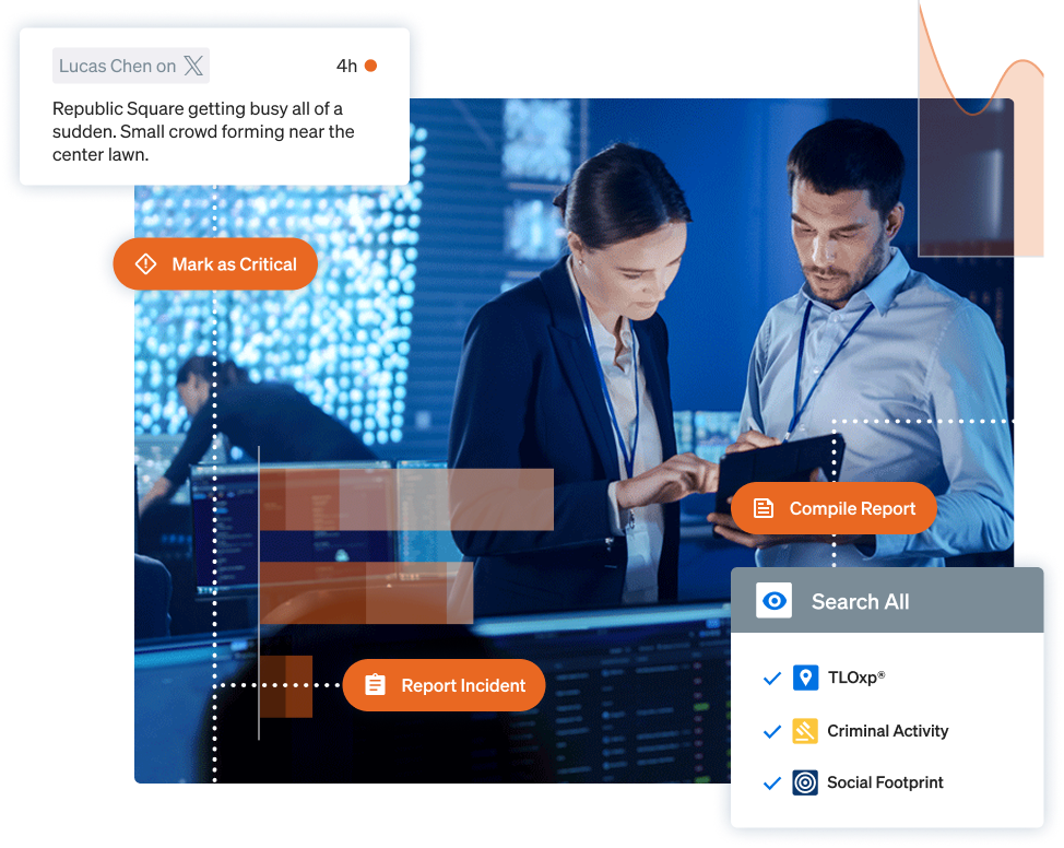 A mosaic illustration with Ontic user interface elements floating over an image of a pair of security professionals looking at a tablet in a GSOC environment