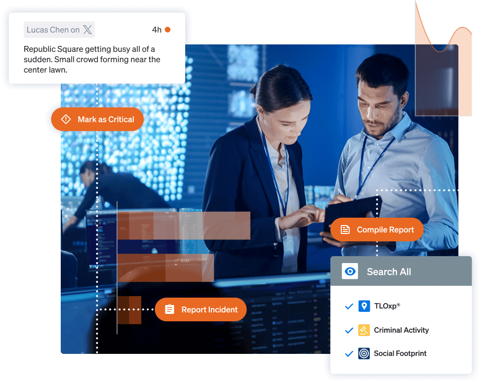Ontic user interface elements float above a photo of two security professionals collaborating on a tablet device. Workflows, reporting, and incident reporting are among the featured security management software tools displayed.