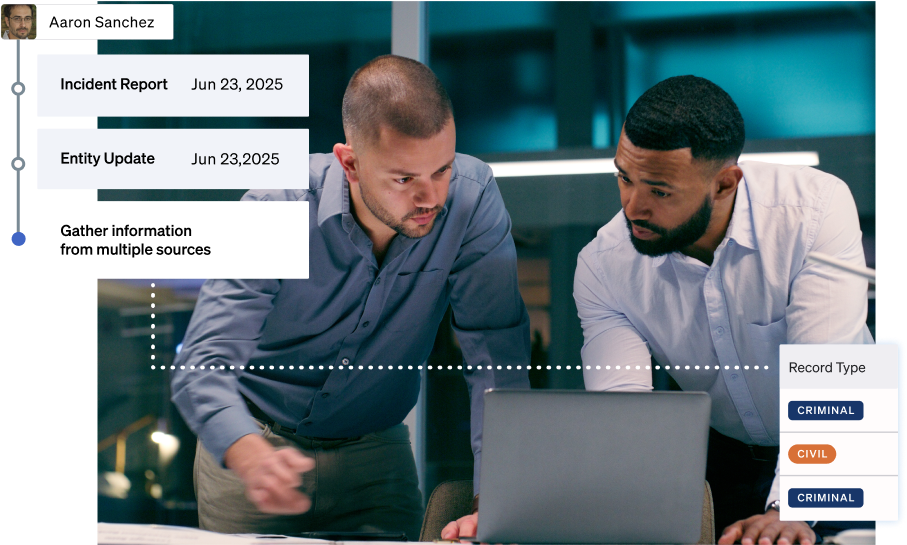Behavioral Threat Assessments Header 1.5x A mosaic illustration with Ontic user interface elements floating over an image of two security professionals talking about what's on their shared laptop screen