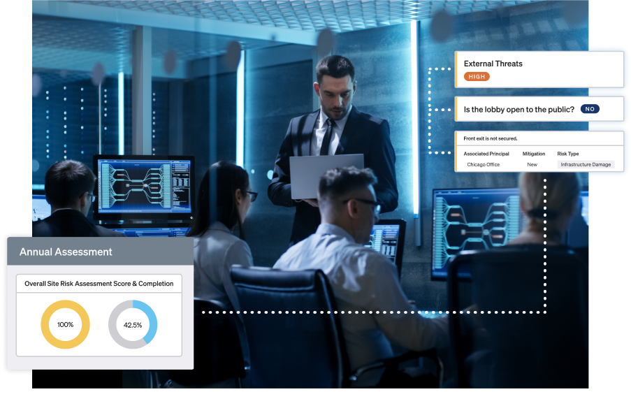 A mosaic illustration with Ontic user interface elements floating over an image of a corporate work space with security professionals referencing their laptops and screens