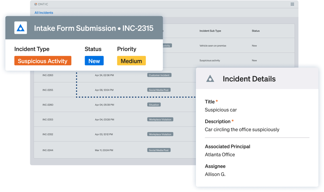 Full-page view of an incident in Ontic, showing comprehensive event data, timeline, linked records, and response tools