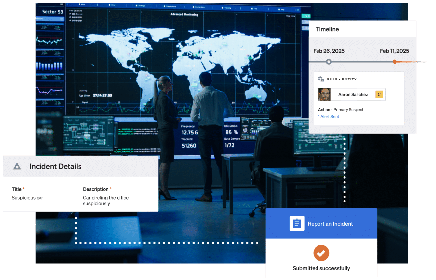 A mosaic illustration with Ontic user interface elements floating over an image of a GSOC environment with multiple screens, a large map, and a set of security professionals conferring over the information on the screens