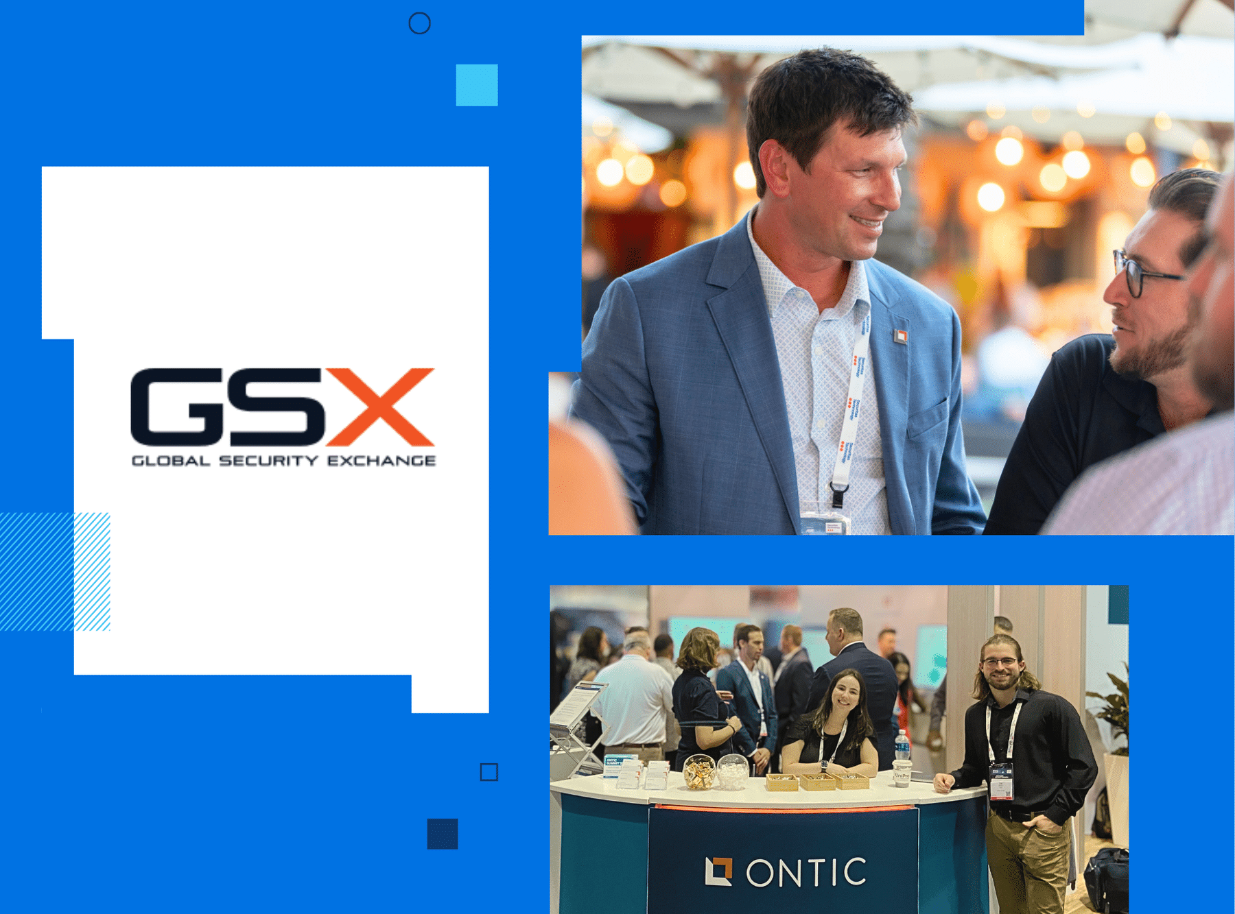 Collage image promoting Ontic’s presence at GSX (Global Security Exchange), featuring the GSX logo, Ontic team members networking, and the Ontic booth at a bustling conference exhibit hall.