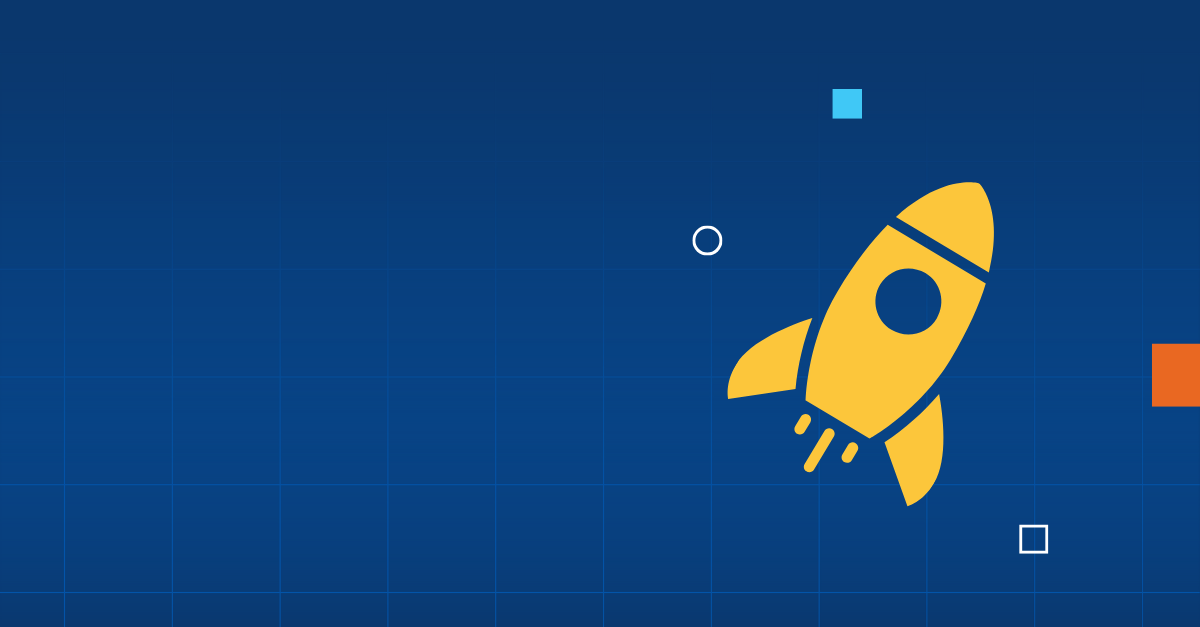 Stylized graphic featuring a yellow rocket icon launching against a blue grid background, with colorful geometric accents—representing innovation, growth, or a major company milestone.