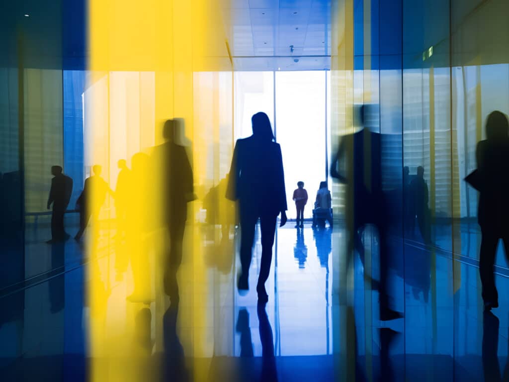 View of people walking through glass